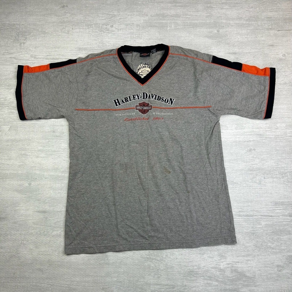 Vintage Harley Davidson Shirt Adult Large Gray Biker V Neck Motorcycle Wisconsin